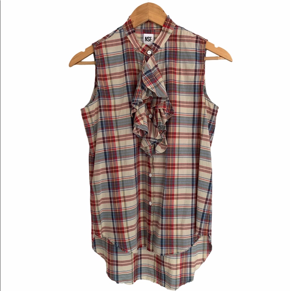 NSF Women's Plaid Ruffle Sleeveless Blouse